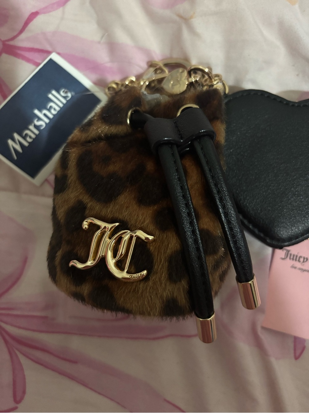 Juicy Couture Leopard Faux Fur Drawstring Key Pouch with Gold JC Logo